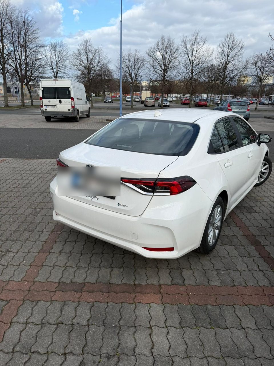 White Toyota Corolla Hybrid, rear view